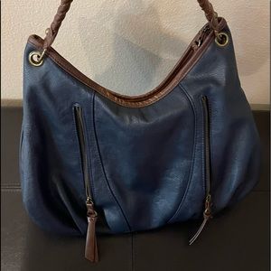 Blue and brown accents, braided shoulder straps soft leather